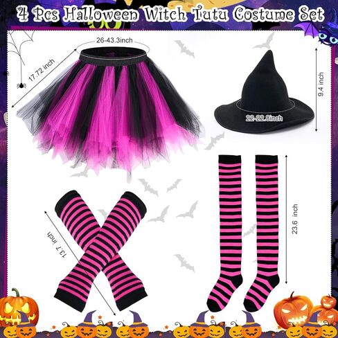 4 Pcs Halloween Witch Costume Set for Women, Halloween Witch Hat Tutu Skirt Striped Knee High Socks Arm Warmers Set for Adult Women Cosplay Carnival Party Favors Black, Rose Red in Saudi Arabia