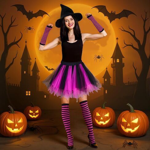 4 Pcs Halloween Witch Costume Set for Women, Halloween Witch Hat Tutu Skirt Striped Knee High Socks Arm Warmers Set for Adult Women Cosplay Carnival Party Favors Black, Rose Red in Saudi Arabia