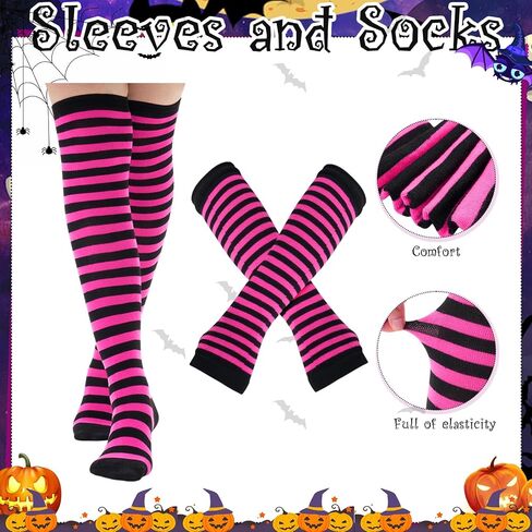 4 Pcs Halloween Witch Costume Set for Women, Halloween Witch Hat Tutu Skirt Striped Knee High Socks Arm Warmers Set for Adult Women Cosplay Carnival Party Favors Black, Rose Red in Saudi Arabia