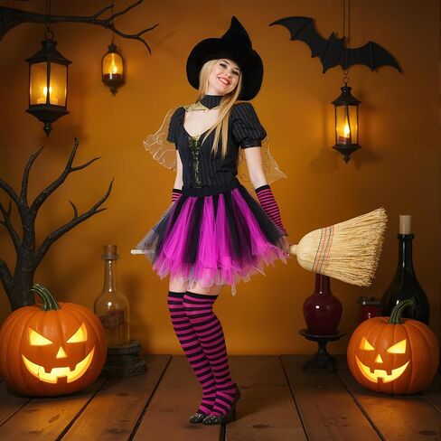 4 Pcs Halloween Witch Costume Set for Women, Halloween Witch Hat Tutu Skirt Striped Knee High Socks Arm Warmers Set for Adult Women Cosplay Carnival Party Favors Black, Rose Red in Saudi Arabia