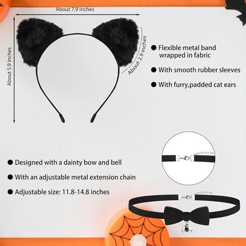 Mysense الأسود القط زي الملحقات للنساء الفتيات، فروي آذان القط عقال، جرس قلادة قلادة وأحمر الشفاه الأسود لأزياء الهالوين حزب تأثيري ماكياج in Kuwait