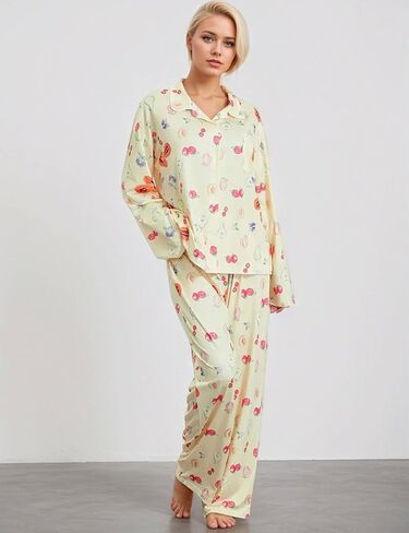طقم بيجامة حريمي مكون من قطعتين بأزرار فاكهة مزهرة وأكمام طويلة وأرجل واسعة ناعمة من Pjs in Kuwait