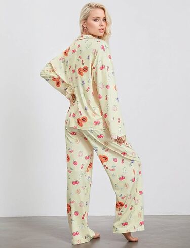 طقم بيجامة حريمي مكون من قطعتين بأزرار فاكهة مزهرة وأكمام طويلة وأرجل واسعة ناعمة من Pjs in Kuwait