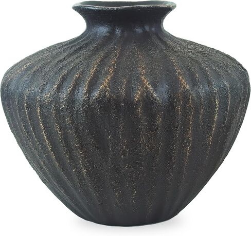 Black Ceramic Vase 7.95 Inch – Handmade with Hand-Painted Gold Detailing – Sculptural Art Decor for Modern Minimalist Home – Organic Tabletop Flower Vase for Living Room or Shelf in Saudi Arabia