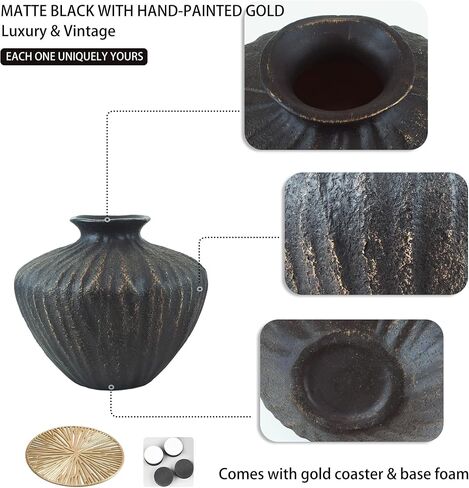 Black Ceramic Vase 7.95 Inch – Handmade with Hand-Painted Gold Detailing – Sculptural Art Decor for Modern Minimalist Home – Organic Tabletop Flower Vase for Living Room or Shelf in Saudi Arabia