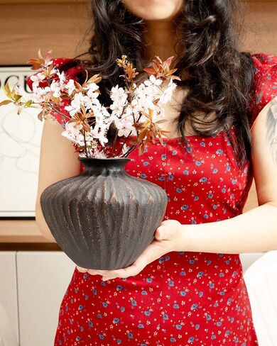 Black Ceramic Vase 7.95 Inch – Handmade with Hand-Painted Gold Detailing – Sculptural Art Decor for Modern Minimalist Home – Organic Tabletop Flower Vase for Living Room or Shelf in Saudi Arabia