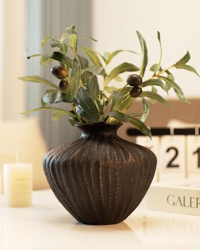 Black Ceramic Vase 7.95 Inch – Handmade with Hand-Painted Gold Detailing – Sculptural Art Decor for Modern Minimalist Home – Organic Tabletop Flower Vase for Living Room or Shelf in Saudi Arabia