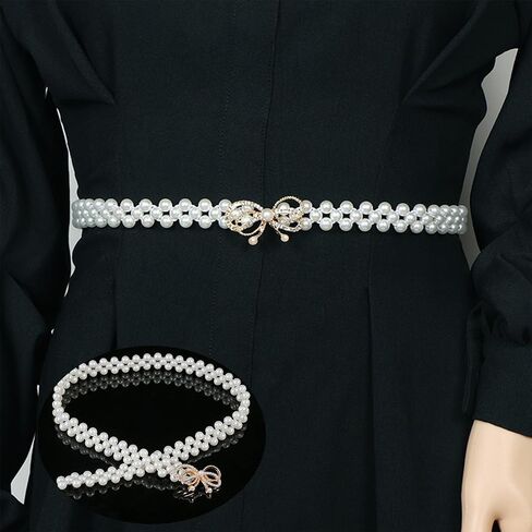 Rhinestone Pearl Elastic Waist Belt Luxury Bow Belt Dress Crystal Waist Strap, Crystal Bowknot Pearl Waistband for Women and Girls in Saudi Arabia