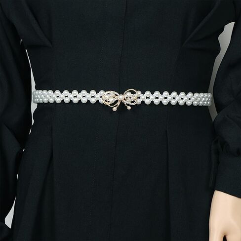 Rhinestone Pearl Elastic Waist Belt Luxury Bow Belt Dress Crystal Waist Strap, Crystal Bowknot Pearl Waistband for Women and Girls in Saudi Arabia