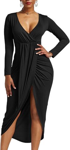 GOBLES Women's Sexy Long Sleeve V Neck Wrap Ruched Front Slit Midi Party Dress in Saudi Arabia