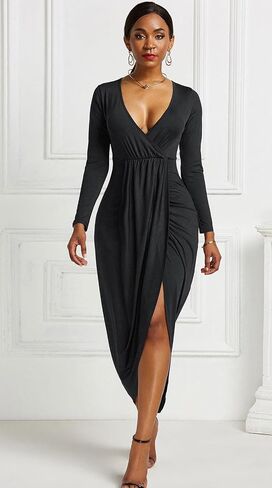 GOBLES Women's Sexy Long Sleeve V Neck Wrap Ruched Front Slit Midi Party Dress in Saudi Arabia