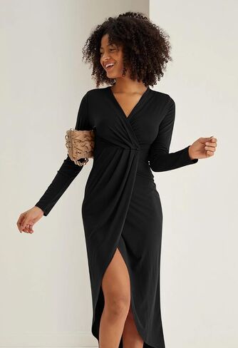 GOBLES Women's Sexy Long Sleeve V Neck Wrap Ruched Front Slit Midi Party Dress in Saudi Arabia