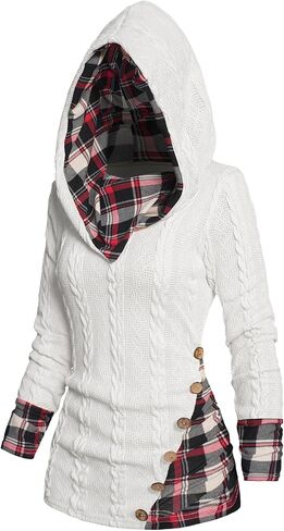 ZEZCLO Women's Twisted Cable Knit Plaid Print Hooded Sweater Mock Button Ruched Shawl Neck Knit Top in Saudi Arabia