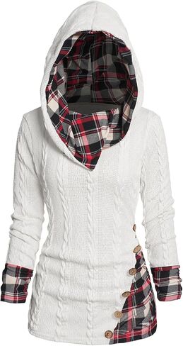 ZEZCLO Women's Twisted Cable Knit Plaid Print Hooded Sweater Mock Button Ruched Shawl Neck Knit Top in Saudi Arabia