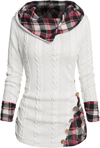 ZEZCLO Women's Twisted Cable Knit Plaid Print Hooded Sweater Mock Button Ruched Shawl Neck Knit Top in Saudi Arabia
