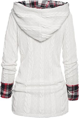 ZEZCLO Women's Twisted Cable Knit Plaid Print Hooded Sweater Mock Button Ruched Shawl Neck Knit Top in Saudi Arabia