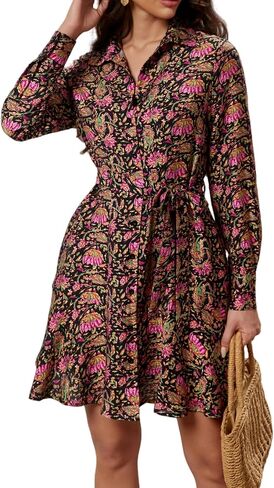 Women's Long Sleeve Collar Button Up Shirt Dress with Belt for Work in Kuwait