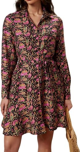Women's Long Sleeve Collar Button Up Shirt Dress with Belt for Work in Kuwait