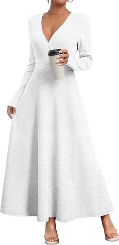 MISFAY Women's Casual Wrap Maxi Dress Long Sleeve Wedding Guest Cocktail Dresses A-Line Deep V-Neck with Pockets Dresses in Kuwait