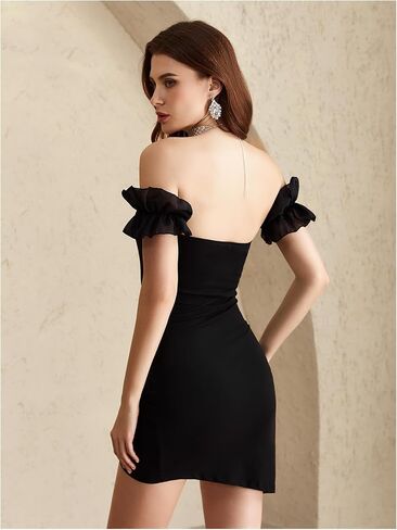 Women's Off The Shoulder Dress Ruffle Sleeve Wrap Ruched Cocktail Party Bodycon Mini Dresses in Saudi Arabia