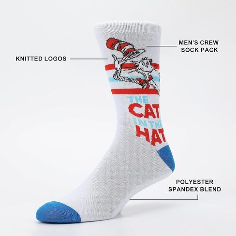 Bioworld The Cat In The Hat Colorful Mens 5-Pack Casual Crew Socks in Saudi Arabia