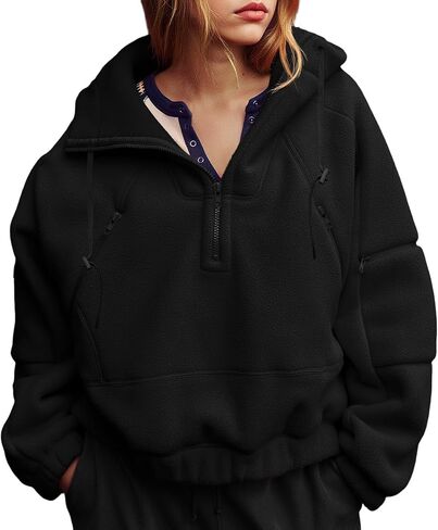 Fisoew Womens Half Zip Fleece Hoodies Pullovers Oversized V Neck Sweatshirts Long Sleeve Hooded Tops with Pockets in Saudi Arabia