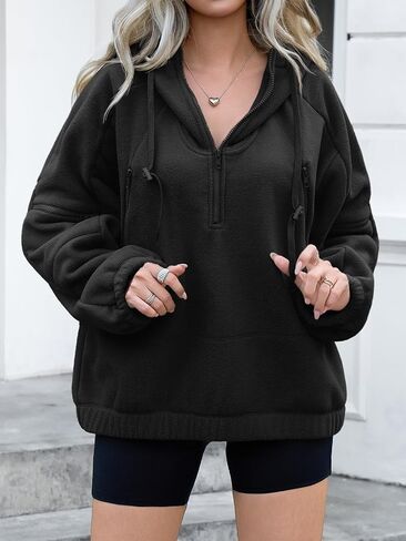 Fisoew Womens Half Zip Fleece Hoodies Pullovers Oversized V Neck Sweatshirts Long Sleeve Hooded Tops with Pockets in Saudi Arabia