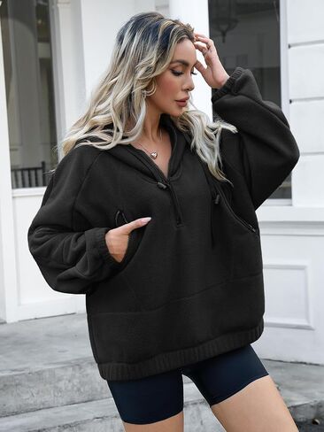 Fisoew Womens Half Zip Fleece Hoodies Pullovers Oversized V Neck Sweatshirts Long Sleeve Hooded Tops with Pockets in Saudi Arabia