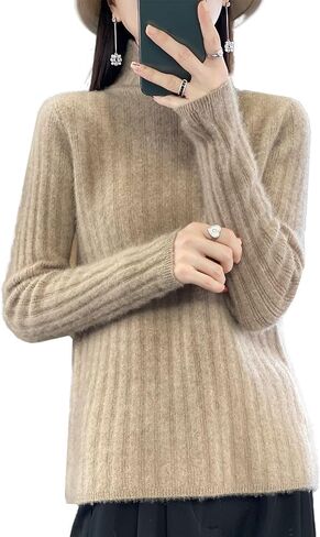100% Merino Wool Sweater Women's Mock Neck Long Sleeved Groove Strip Pullover Autumn Winter Warm Knitted Tops in Saudi Arabia