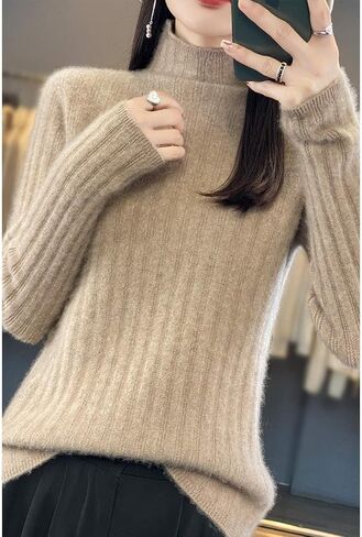 100% Merino Wool Sweater Women's Mock Neck Long Sleeved Groove Strip Pullover Autumn Winter Warm Knitted Tops in Saudi Arabia