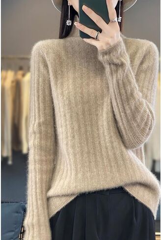 100% Merino Wool Sweater Women's Mock Neck Long Sleeved Groove Strip Pullover Autumn Winter Warm Knitted Tops in Saudi Arabia