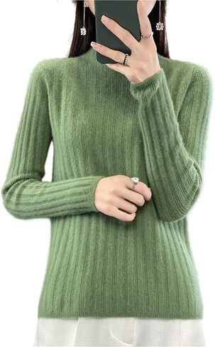 100% Merino Wool Sweater Women's Mock Neck Long Sleeved Groove Strip Pullover Autumn Winter Warm Knitted Tops in Saudi Arabia