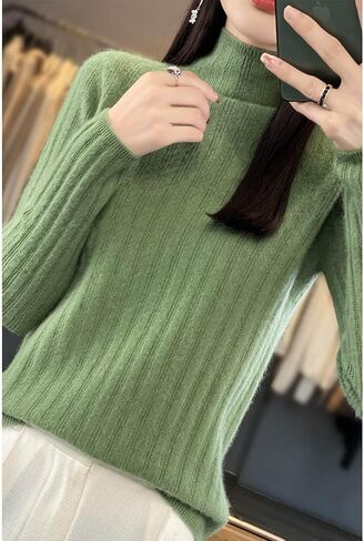 100% Merino Wool Sweater Women's Mock Neck Long Sleeved Groove Strip Pullover Autumn Winter Warm Knitted Tops in Saudi Arabia