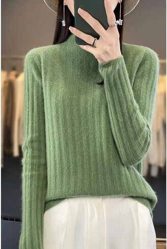 100% Merino Wool Sweater Women's Mock Neck Long Sleeved Groove Strip Pullover Autumn Winter Warm Knitted Tops in Saudi Arabia