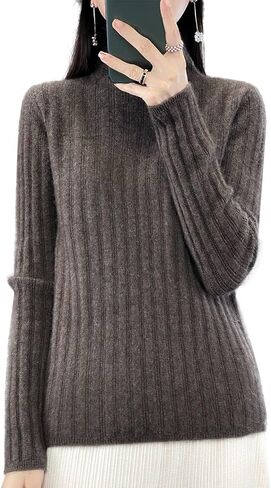 100% Merino Wool Sweater Women's Mock Neck Long Sleeved Groove Strip Pullover Autumn Winter Warm Knitted Tops in Saudi Arabia