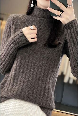 100% Merino Wool Sweater Women's Mock Neck Long Sleeved Groove Strip Pullover Autumn Winter Warm Knitted Tops in Saudi Arabia