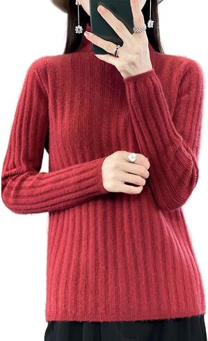 100% Merino Wool Sweater Women's Mock Neck Long Sleeved Groove Strip Pullover Autumn Winter Warm Knitted Tops in Saudi Arabia
