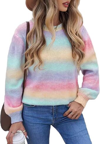 Women's Pastel Rainbow Striped Knit Sweater Long Sleeve Multicolor Pullover Tops in Saudi Arabia