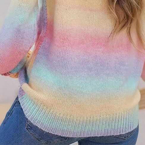 Women's Pastel Rainbow Striped Knit Sweater Long Sleeve Multicolor Pullover Tops in Saudi Arabia