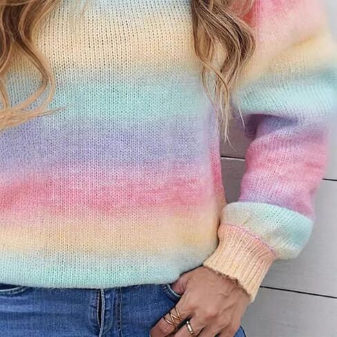 Women's Pastel Rainbow Striped Knit Sweater Long Sleeve Multicolor Pullover Tops in Saudi Arabia