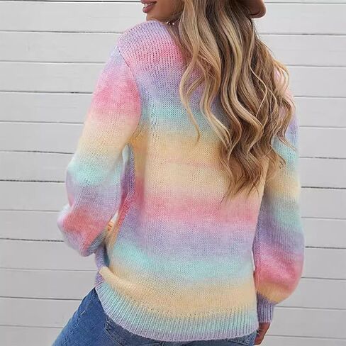 Women's Pastel Rainbow Striped Knit Sweater Long Sleeve Multicolor Pullover Tops in Saudi Arabia