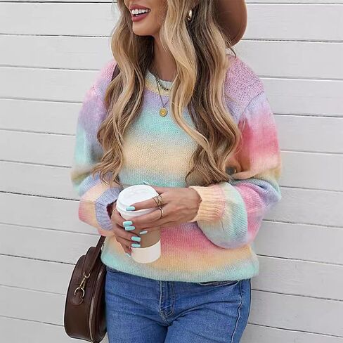 Women's Pastel Rainbow Striped Knit Sweater Long Sleeve Multicolor Pullover Tops in Saudi Arabia