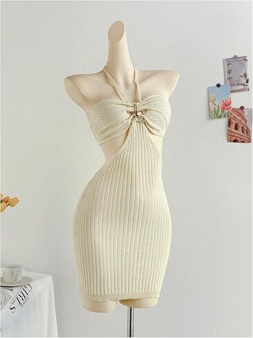 SHENHE Women's Cut Out Backless Tie Halter Neck Knitted Bodycon Sexy Beach mini Dress in Saudi Arabia