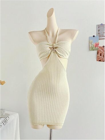 SHENHE Women's Cut Out Backless Tie Halter Neck Knitted Bodycon Sexy Beach mini Dress in Saudi Arabia