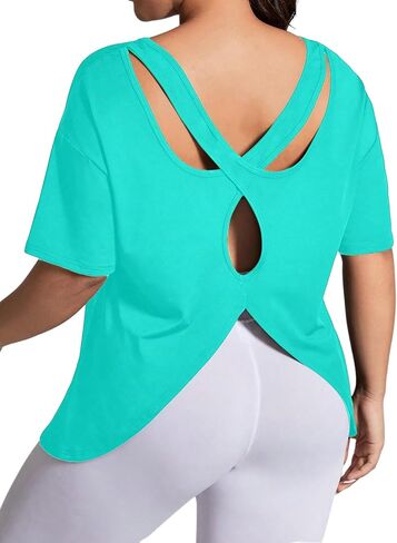 OYOANGLE Women's Plus Size Open Back Workout Tops Short Sleeve Criss Cross T-Shirts Athletic Gym Tee Top in Saudi Arabia