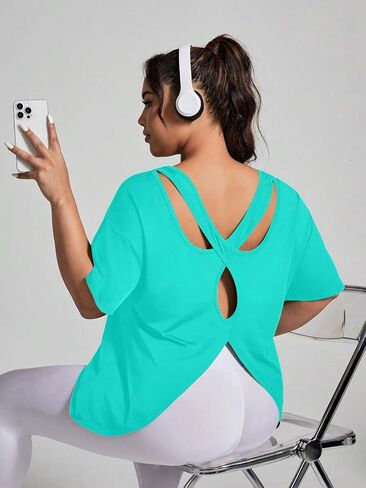 OYOANGLE Women's Plus Size Open Back Workout Tops Short Sleeve Criss Cross T-Shirts Athletic Gym Tee Top in Saudi Arabia