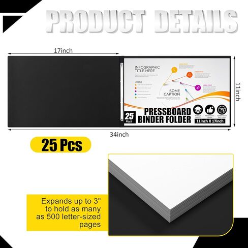 60 PCS 11x17 Inch Pressboard Cover ، مجلد الموثق التقديمي 3 بوصة مع مثبتات ورق شق المعادن لربط التقارير والمقترحات والنصوص وغيرها من المستندات (أسود) بدقة in Kuwait