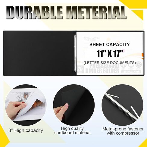 60 PCS 11x17 Inch Pressboard Cover ، مجلد الموثق التقديمي 3 بوصة مع مثبتات ورق شق المعادن لربط التقارير والمقترحات والنصوص وغيرها من المستندات (أسود) بدقة in Kuwait