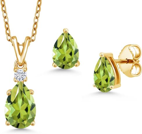 18K Yellow Gold Plated Silver Green Peridot and White Moissanite Pendant and Earrings Jewelry Set For Women | 2.73 Cttw | Gemstone August Birthstone | Pear Shape 9X6MM | With 18 Inch Chain in Saudi Arabia