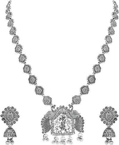 I Jewels Indian Festive Navratri Ethnic Silver Oxidised Long Necklace Jewellery With Earrings Set For Women in Saudi Arabia